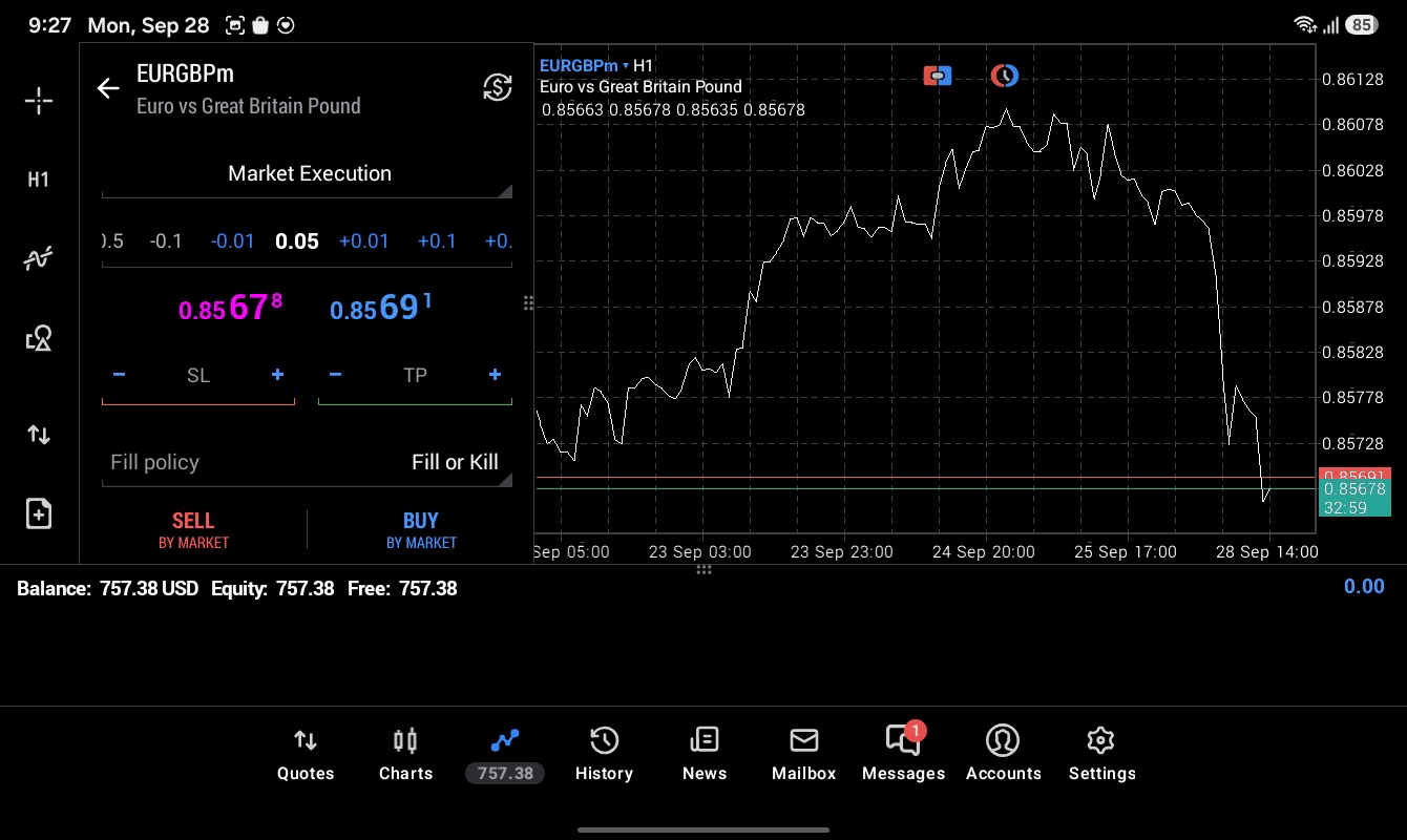 EURGBP 0.05 lot แอป MT5